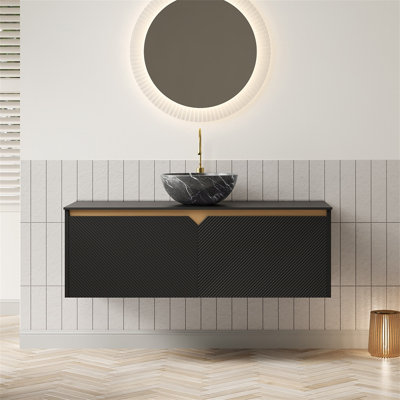 Meuble-lavabo 48 po, meuble-lavabo mural en contreplaqué flottant, double vasque en sergé avec vasque en céramique avec motif en pierre et plateau en pierre frittée noire