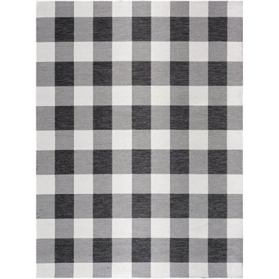Tapis intérieur / extérieur en polypropylène tissé à la machine rectangulaire blanc cassé / noir Yumie