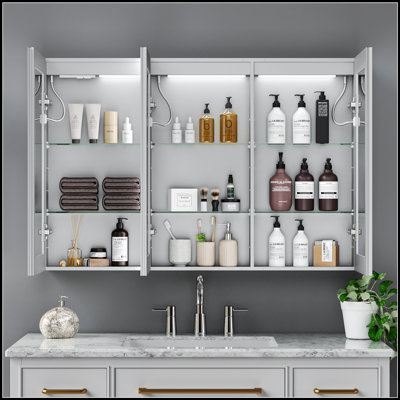 Armoire de salle de bain avec miroir à DEL et anti-buée, 3 températures de couleur, encastrée ou murale, tablettes réglables
