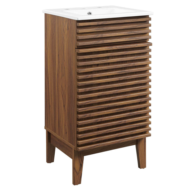 Walnut and White Mid-Century Modern Bathroom Vanity with Ceramic Sink