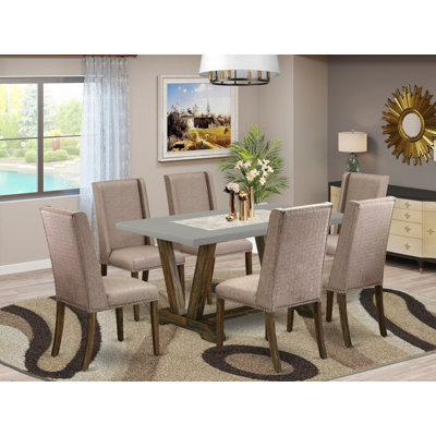 Ensemble de 7 pièces de coin-repas rectangulaire avec un excellent plateau de table moderne et 6 chaises de salle à manger rembourrées kaki foncé avec têtes de clous et un dossier haut de style, finition jacobine patinée