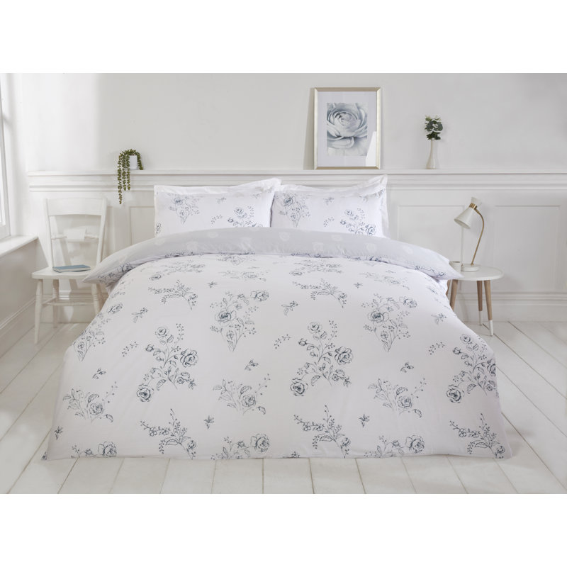 Romy Cotton Blend Floral Duvet Cover with Pillowcases, King Duvet Cover + 2 Standard Pillowcases, Blue