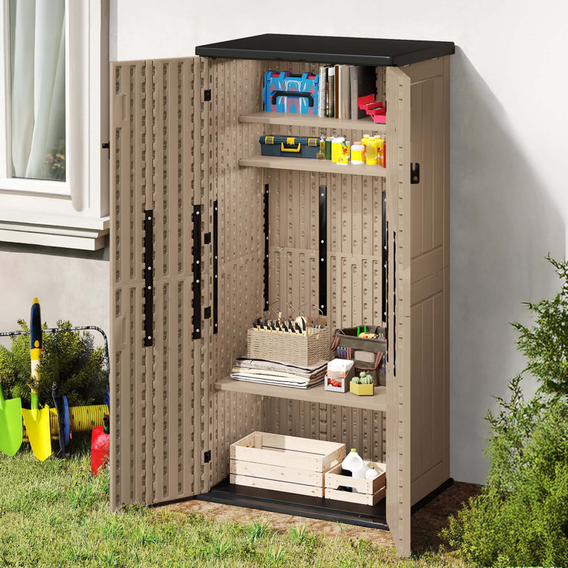 2.6 ft.W X 1.9 ft. D  30 Cu Ft Vertical Resin Outdoor Storage Shed with 4 Adjustable Shelves, Brown/Black