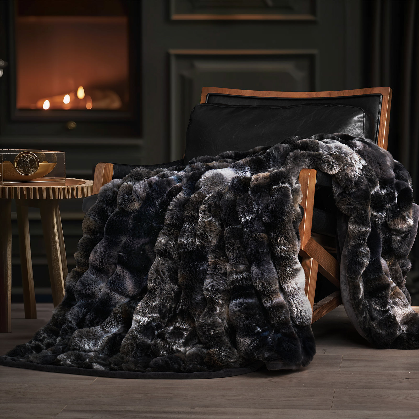 Ridgeline Faux Fur Throw Blanket, Charcoal Gray Heather Marble, 80" L x 60" W