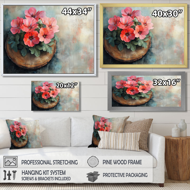 Fleurs de géraniums sur un plateau en bois - Art encadré de géraniums, H 30 po x l 40 po, Cadre flottant, Brun