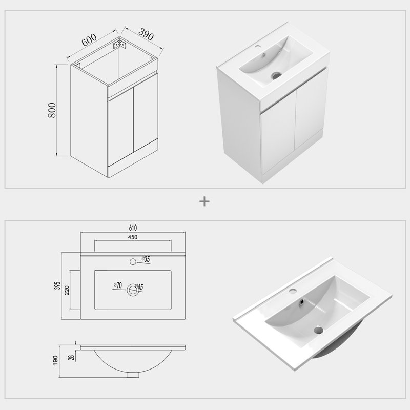 Cohlette 600 mm Freestanding Combined Vanity Unit with Drop In Ceramic Basin, White