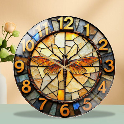 Stained Glass Dragonfly Wall Clock Home Decor Art - 12'' Modern Glass Wall Clock