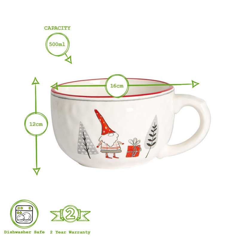 Nicola Spring - Patchwork Christmas Cappuccino Cups - 500ml - White, 2