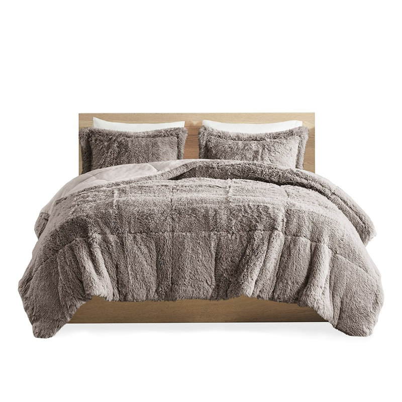 Édredon pour lit double / grand lit - Fourrure à poils longs gris, lit chaud / grand lit, chaud long