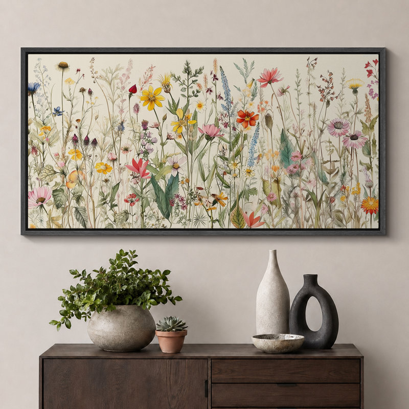 Aquarelle de fleurs sauvages vibrantes, H 30 po x l 60 po, Noir, noir, noir, noir