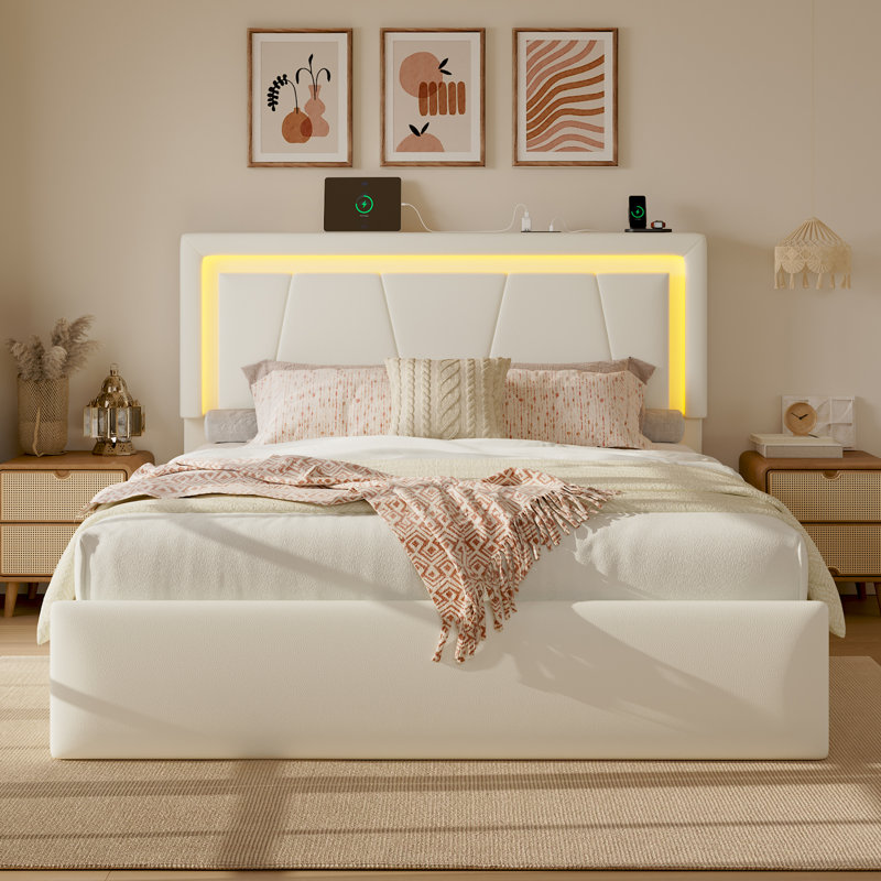 Queen Modern Hydraulic Lift Bed with Super Spacious Storage Space, Adjustable Headboard, Charging Station, RGB LED Light, Easy to Assemble, White