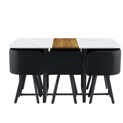 7-Piece Space Saving Dining Set, Melamine Table with PU Cushioned Chairs & Black Powder Coated Iron Frame for Kitchen and Dining Room