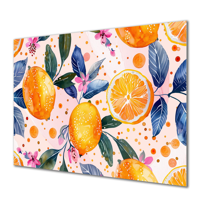 Jaune, jaune, floral, orange, arbres II - fruits, art mural, salon, Métal métal, H 30 po x l 40 po x P 1,5 po