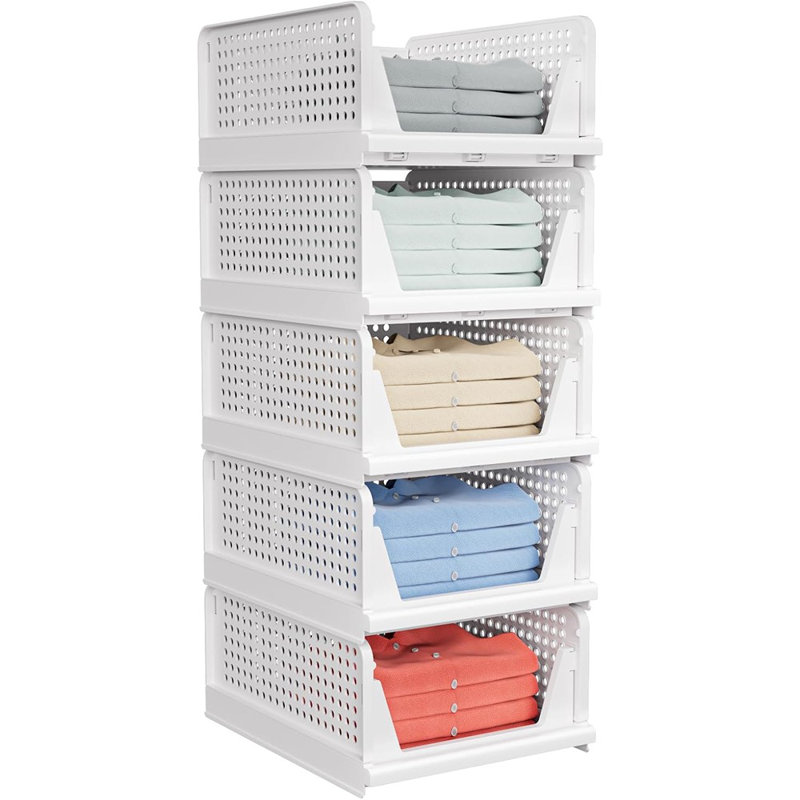 Ensemble de 5 boîtes de rangement de placard empilables - bacs de rangement empilables, panier de rangement en plastique, panier de rangement pliable pour garde-robe, armoire de cuisine, salle de bain, blanc