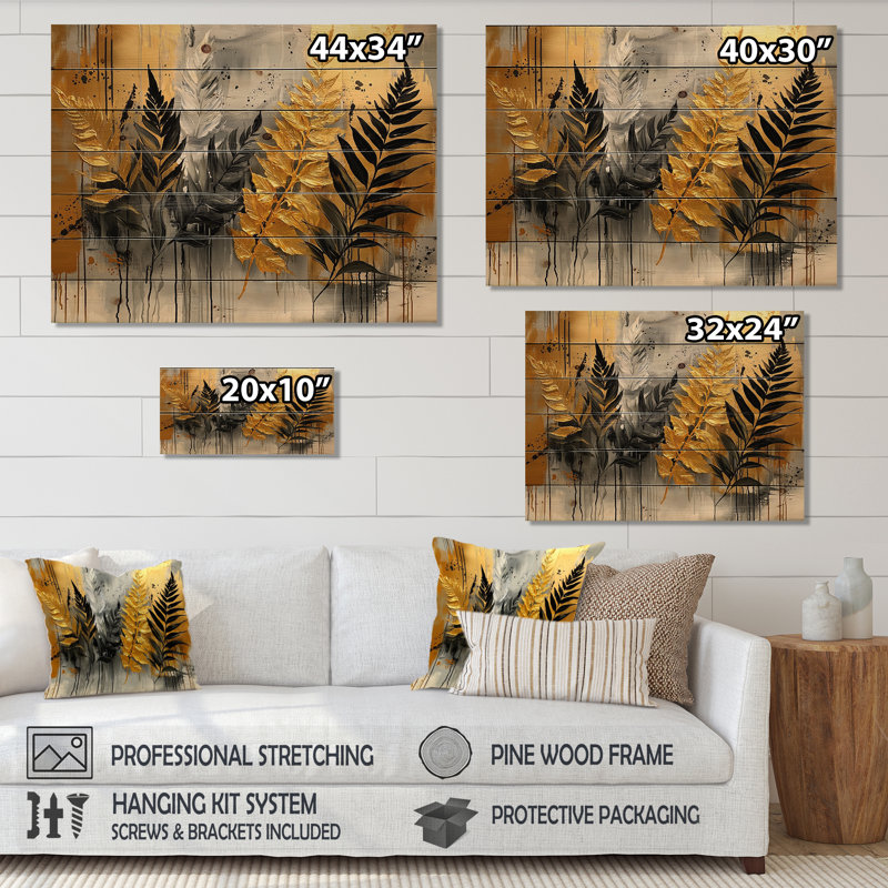Minimalisme fougères Golden Spring Symphony II - décoration murale fougères en bois - sur bois de pin naturel