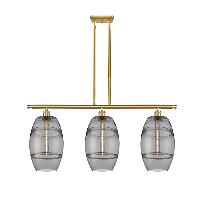 Luminaire suspendu pour îlot de cuisine 3 lumières Dundrod, Or satiné, Gris fumée clair