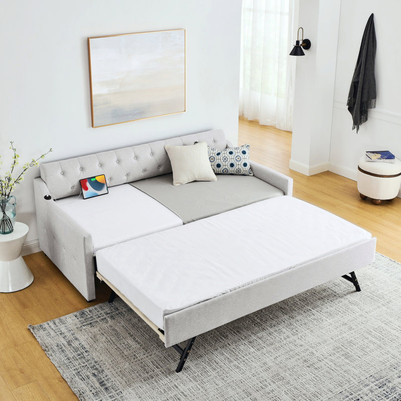 Daybed With Trundle And USB Charging Design, Beige