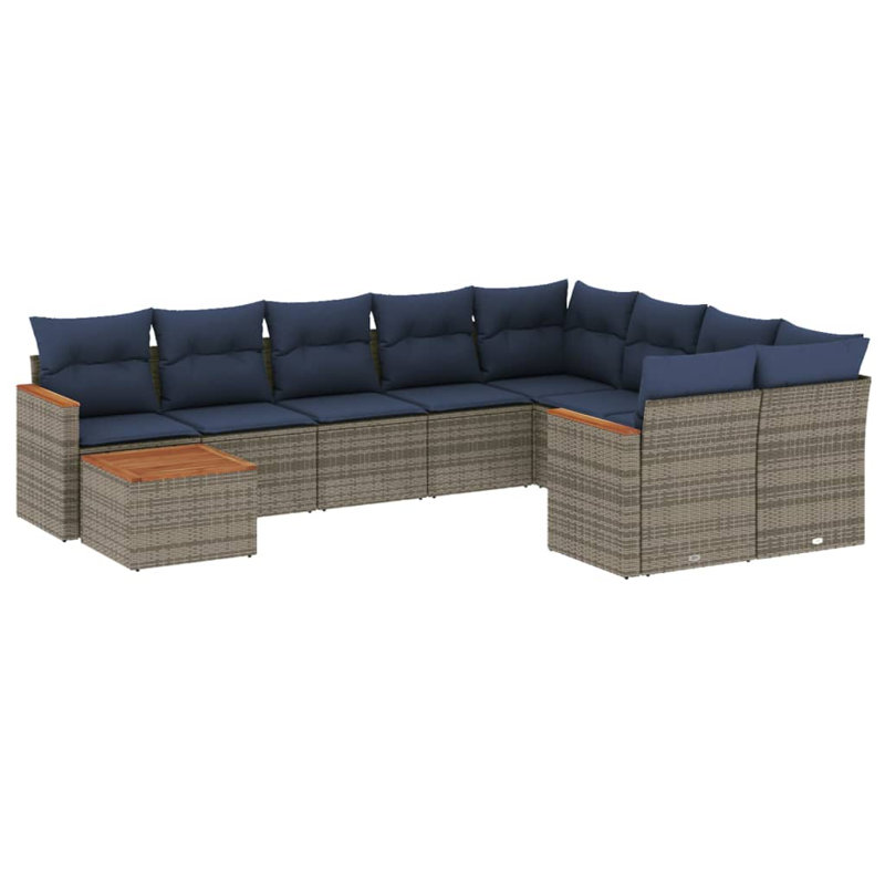 Ensemble de canapé de patio 10 pièces avec coussins en rotin de polyester, Marine, Gris