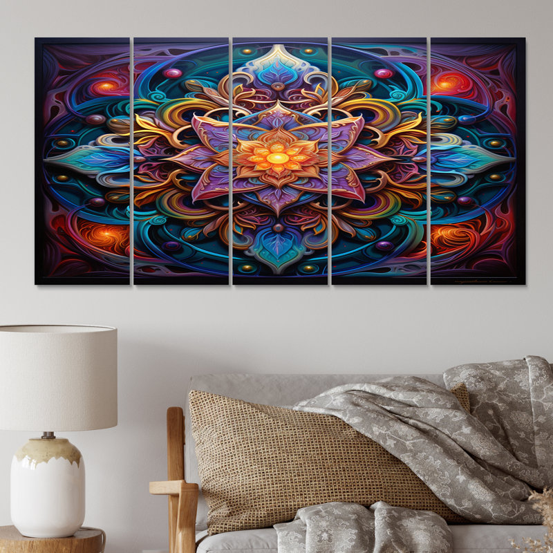 Ancienne mandala magique colorée III - Boho Mandala, art mural, salon - 5 panneaux égaux
