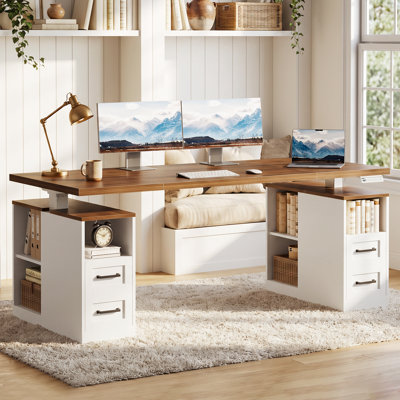 Bureau debout à hauteur ajustable Marina de 63 pouces, poste de travail d'ordinateur de ferme avec tiroirs et tablettes de rangement, blanc noyer