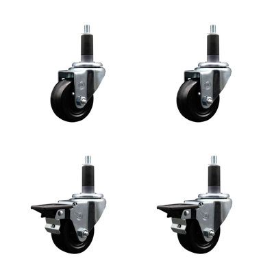 3 Inch Soft Rubber Wheel Swivel 1-1/8 Inch Expanding Stem Caster Set 2 Brakes SCC