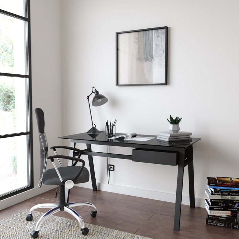 Birl Glass Top Metal Base Writing Desk, Black