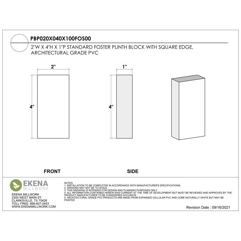Standard Foster Plinth Block with Square Edge, 4" H x 2" W x 1" D