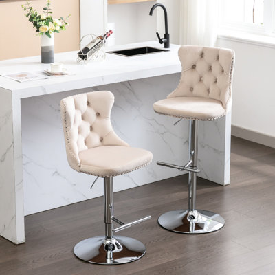 Modern Upholstered With Velvet, Adjustable Seat Height 25 - 33 Inch, Base And Back For Home Kitchen Island Pub  Gray, 2 Gray Velvet Of 2, Inch Height,
