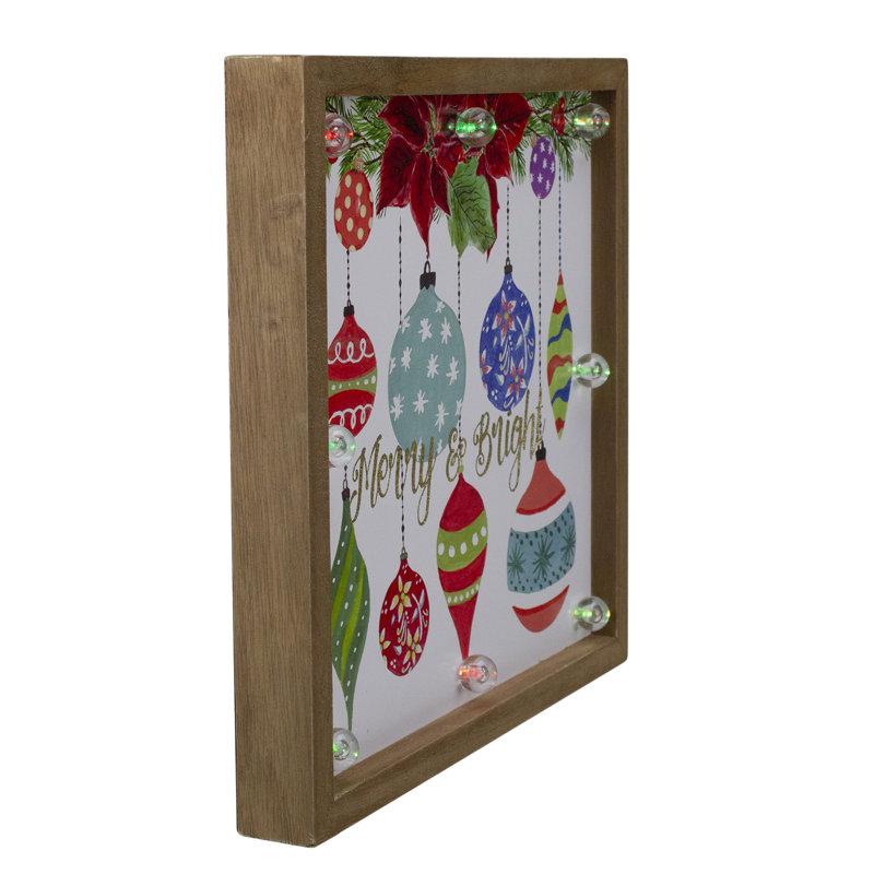 11,8 "Cadre en bois brun" Merry & Bright "avec ornements suspendus et plaque de Noël scintillante