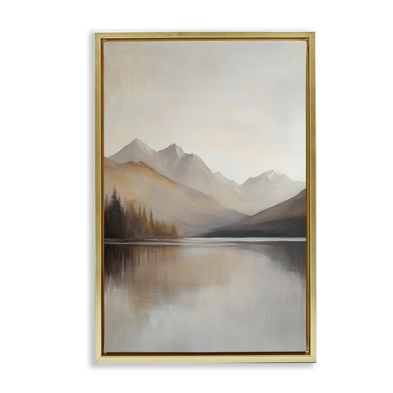 Cadre flottant Mute Lake Neutral Landscape, design par Petal Prints Design, H 31 po x l 21 po, Cadre flottant métallique doré