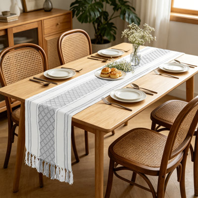Cotton Blend Woven Jacquard Geometric Checkered Tassel Table Runner