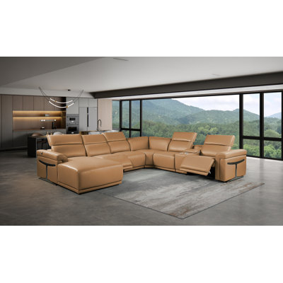 Canapé modulaire cognac 7 pièces en cuir italien fleur de mouton avec 2 fauteuils inclinables électriques et appuie-tête réglables Cognac