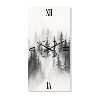 Forêt monochrome, pins brumeux gris et blancs I - Horloge murale minimaliste silencieuse en métal