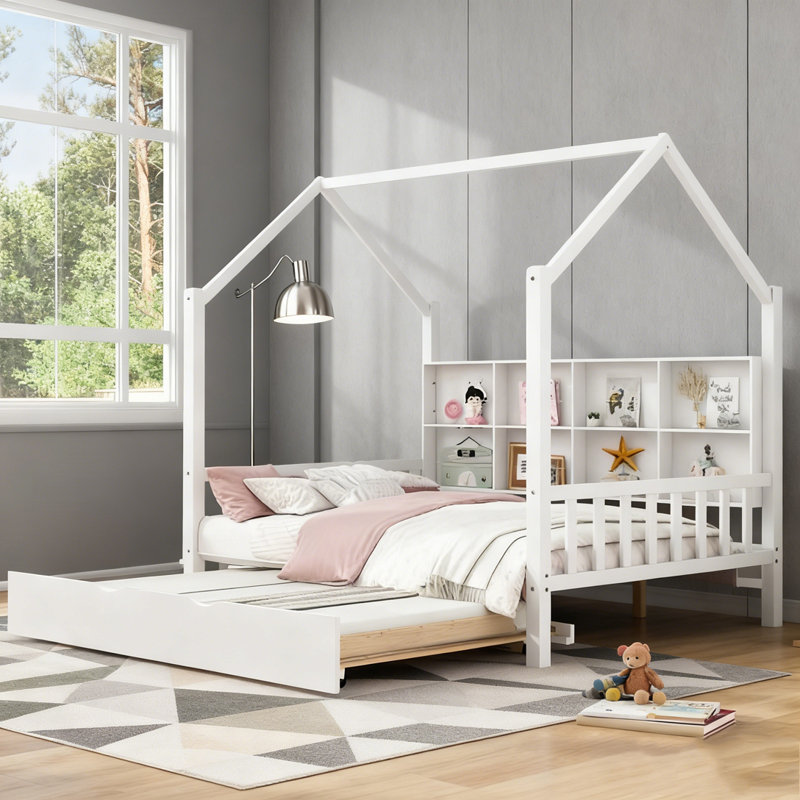House Bed with Trundle,Kids Bed with Shelf, Twin