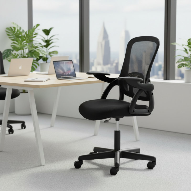 Chaise de bureau ergonomique noire en filet, taille adulte, accoudoirs rabattables, capacité de poids de 275 lb.