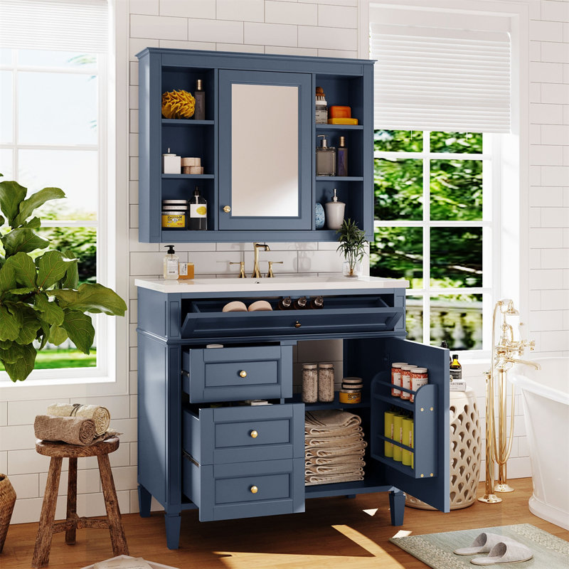 Meuble-lavabo simple avec plateau Jayliana, Bleu, Or