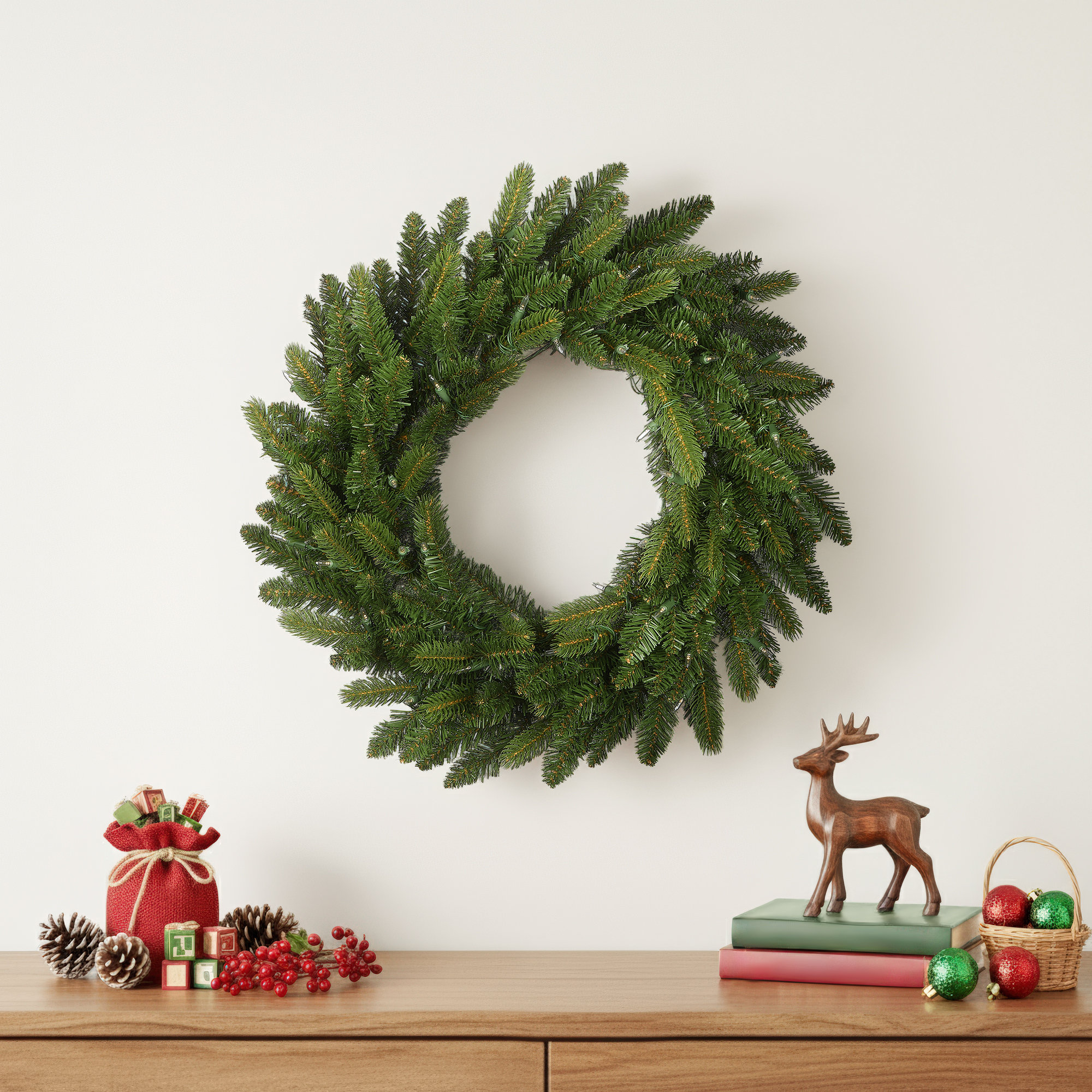 The Holiday Aisle® Grande Fir Wreath with Warm White LED Lights, 24" H x 24" W x 5" D