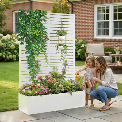 Metal Planter Box with Trellis, Outdoor Raised Garden Bed with Privacy Screen for Climbing Plants, Metal Garden Bed with Drainage Holes, Metal Planter Box for Patio or Balcony