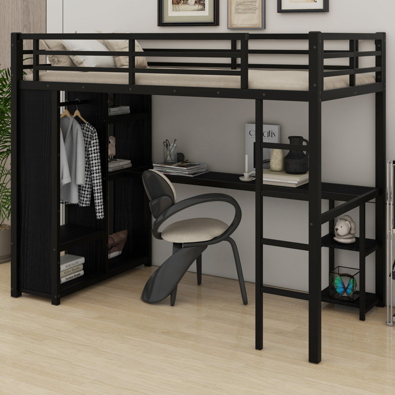 Lit mezzanine tout-en-un en métal avec garde-robe, bureau et tablettes