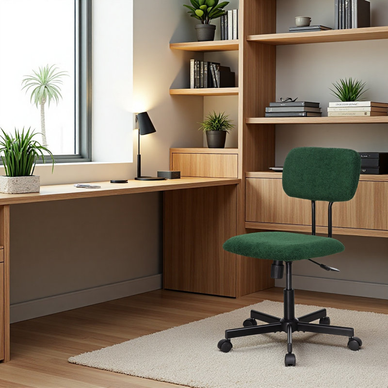 23'' Lamb Wool Armless Task Chair - Adjustable Swivel with Tufted Back, Green, No