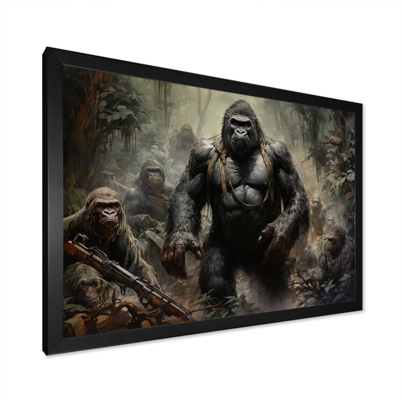 " Gorilla Soldier Jungle Journey ", 12" H x 20" W x 1" D, Black Single Picture Framed