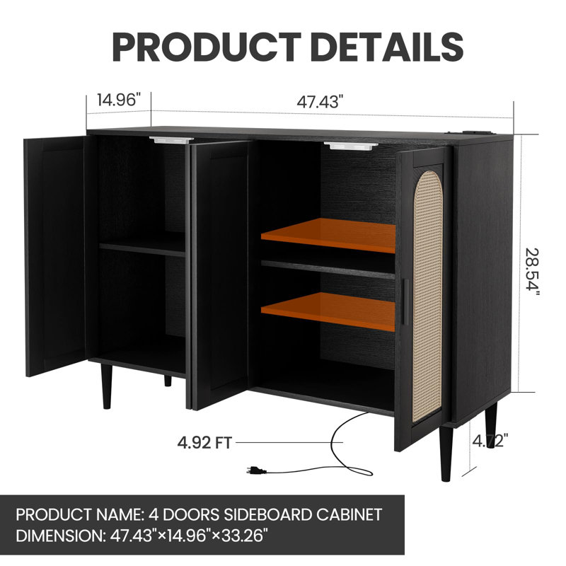Black Rattan 4-Door Sideboard Buffet Cabinet with Power Outlet