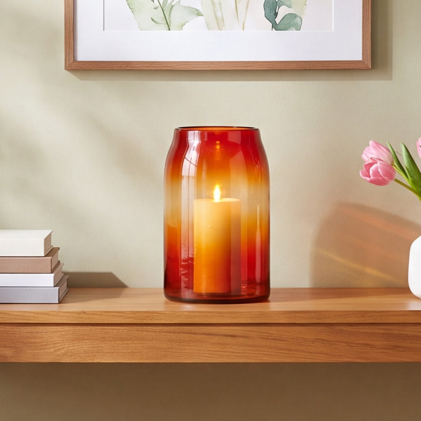 Glass Tabletop Hurricane, Orange, 12.3" H x 8" W x 8" D