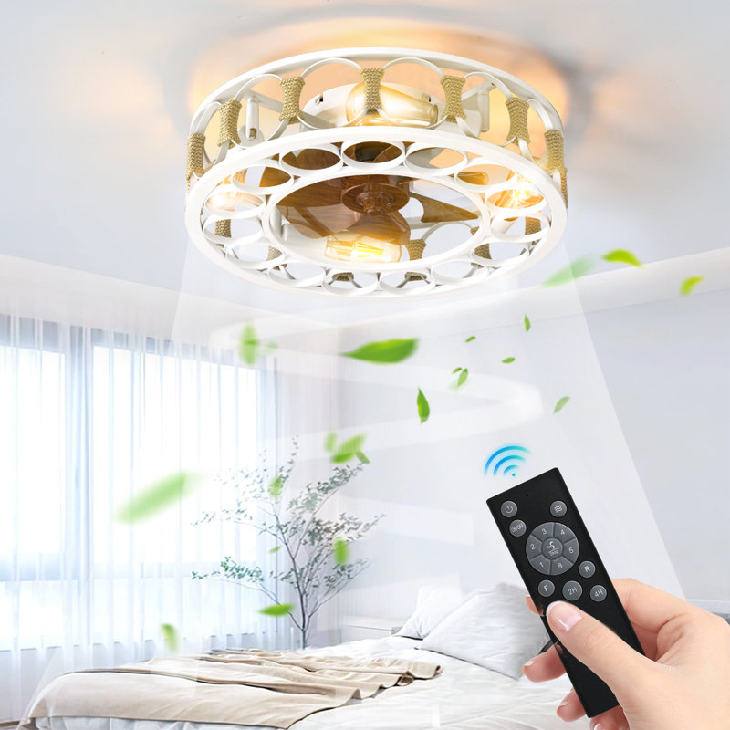 6-Speed Reversible 4 LED Bulbs White Caged Low Profile Ceiling Fan with Lights Remote Control, White