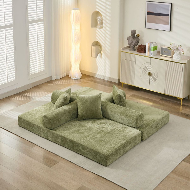 Comfy Convertible Folding Mattress Couch, Floor Sofa Bed, Chenille Floor Sofa With Armrest, Floor Sofa Lounge Couch For Living Room Bedroom Lounge Studio-Green