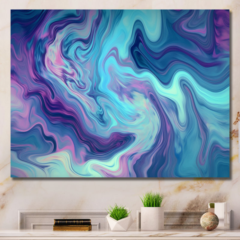Turquoise mauve marbré fusion I - impressions sur toile abstraites, H 34 po x l 44 po x P 1,5 po, Toile tendue