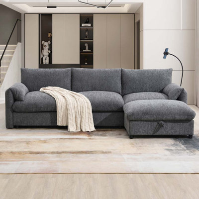 96.5"Chenille Sectional Sofa with Storage Ottoman and Pockets,Adjustable Phone Holder