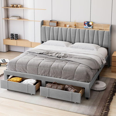 Queen Size Bed Frame with Storage Headboard, Upholstered Platform Beds with Drawers, Charging Station, Noise-Free, Easy Assembly,No Box Spring Needed, Light Grey
