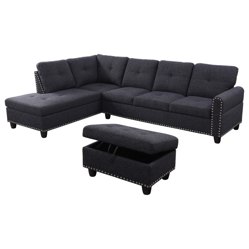 Upholstered L-Shaped Sectional Right Hand Facing, Black Gray Linen Blend