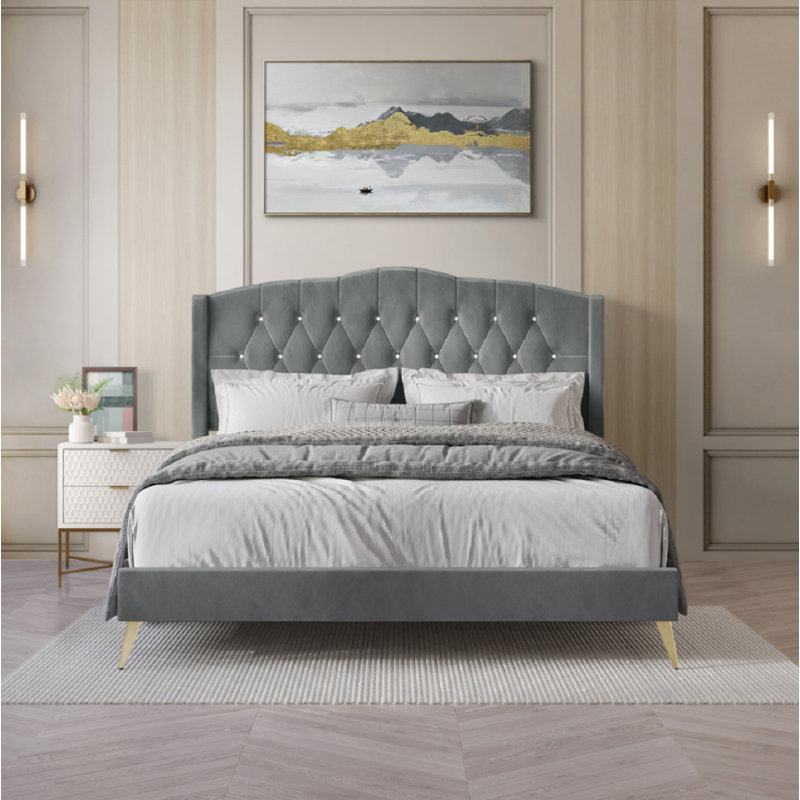 Lit plateforme tapissier Dwaylon, Gris clair, Grand